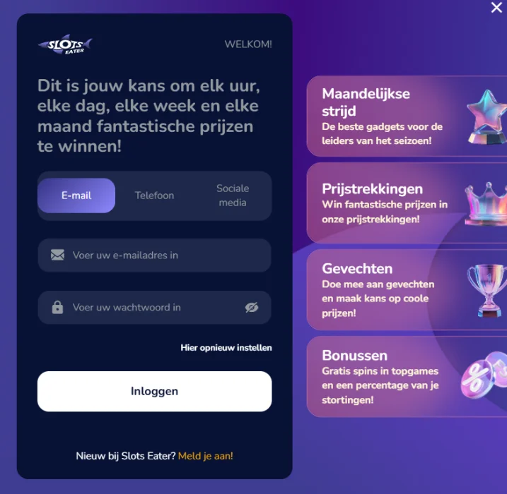 Slots Eater Casino Inloggen en Acties Slots Eater Casino inlogscherm met promoties, bonussen en prijstrekkingen